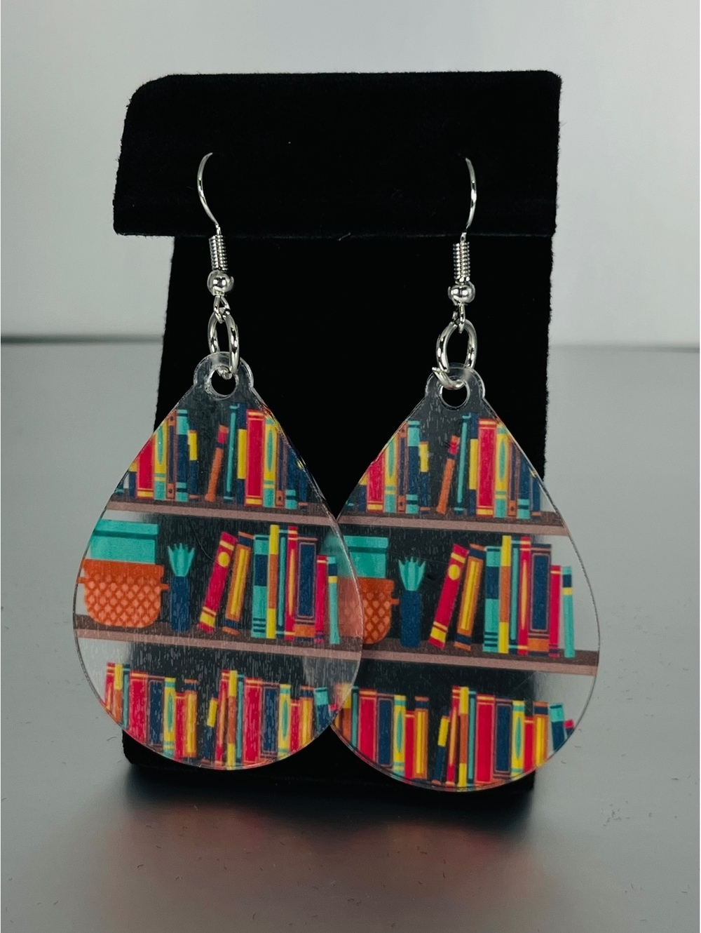 Bookshelf Print Teardrop Dangle Earrings